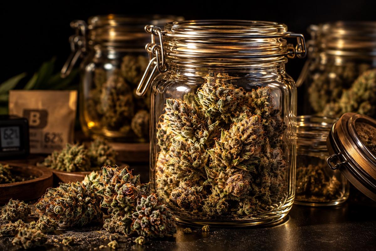 Frascos de vidro com flores de canábis em cura, para conservar os terpenos