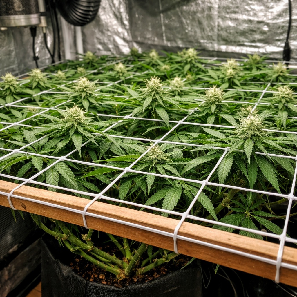 Técnicas de cultivo de marihuana sativa: planta en red SCROG para control de altura en interior