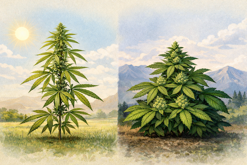 Comparativa visual de anatomía de cannabis: Sativa con hojas finas y estructura alta frente a Indica robusta y baja