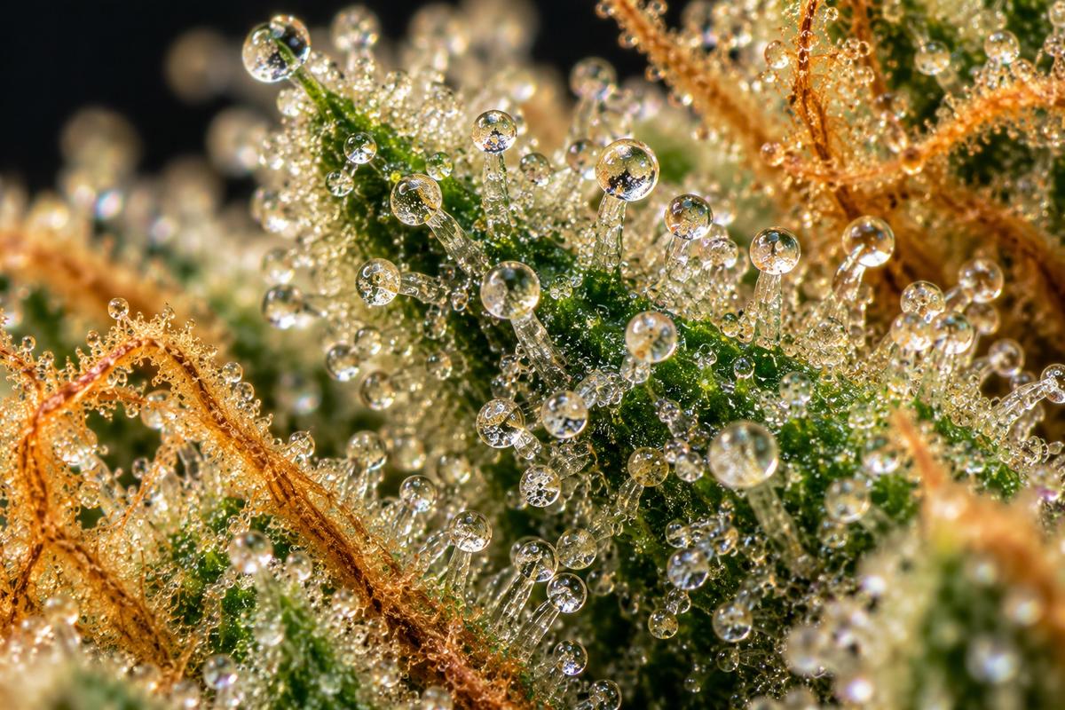 Tricomas de uma flor de canábis em macro: nestas glândulas de resina formam-se os terpenos e os canabinoides